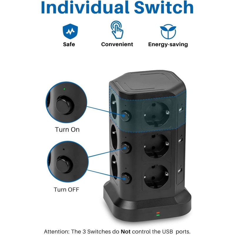 Мережевий Фільтр Koosla Tower: 12 Розеток + 6 USB-A, 3 Незалежні Вимикачі. 4000 Вт, Кабель 2 м. (Чорний)