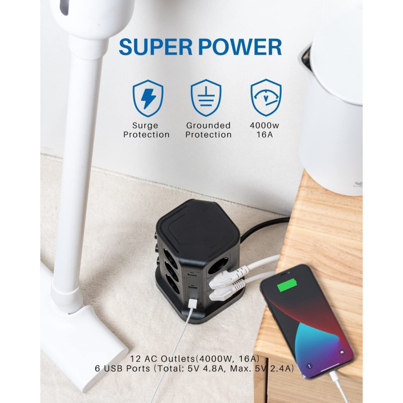 Мережевий Фільтр Koosla Tower: 12 Розеток + 6 USB-A, 3 Незалежні Вимикачі. 4000 Вт, Кабель 2 м. (Чорний)