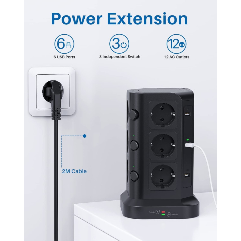 Мережевий Фільтр Koosla Tower: 12 Розеток + 6 USB-A, 3 Незалежні Вимикачі. 4000 Вт, Кабель 2 м. (Чорний)