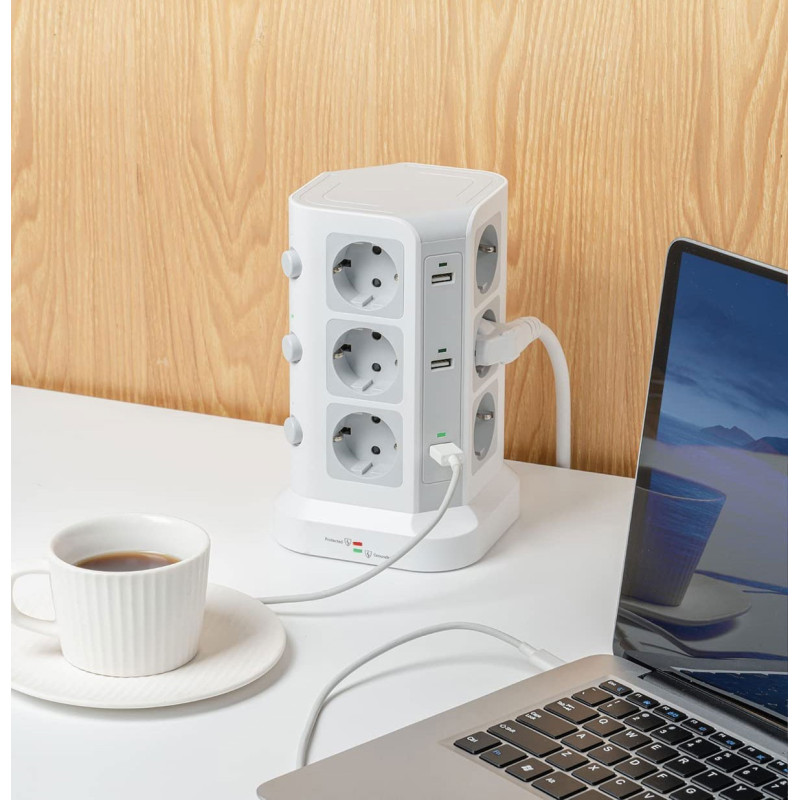 Мережевий Фільтр Koosla Tower: 12 Розеток + 6 USB-A, 3 Незалежні Вимикачі. 4000 Вт, Кабель 5 м. (Білий)