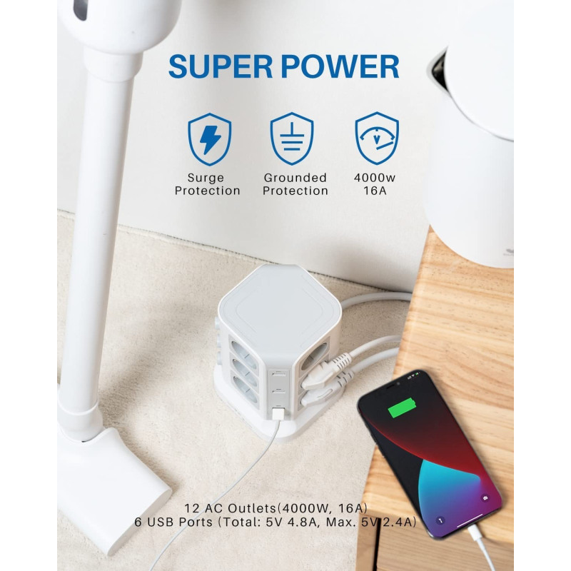 Мережевий Фільтр Koosla Tower: 12 Розеток + 6 USB-A, 3 Незалежні Вимикачі. 4000 Вт, Кабель 5 м. (Білий)