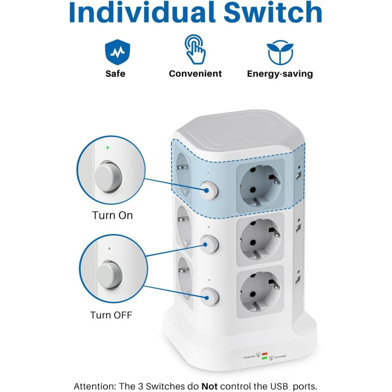 Мережевий Фільтр Koosla Tower: 12 Розеток + 6 USB-A, 3 Незалежні Вимикачі. 4000 Вт, Кабель 5 м. (Білий)