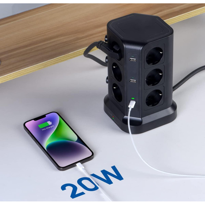 Вертикальний Подовжувач KOOSLA 18-в-1: 12 Розеток, 6 USB (QC/PD 3.0, 40 Вт), Незалежні Перемикачі, Кабель 2М. (Чорний)