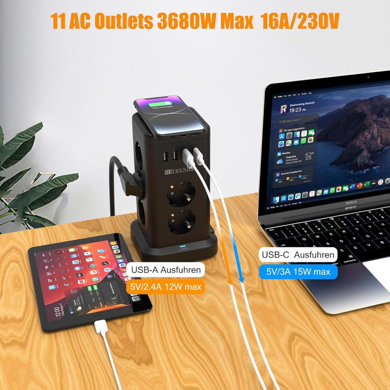 Мережевий подовжувач-башта Tanxis Power Cube з бездротовою зарядкою 15W (11 в 1, 2м). Чорний