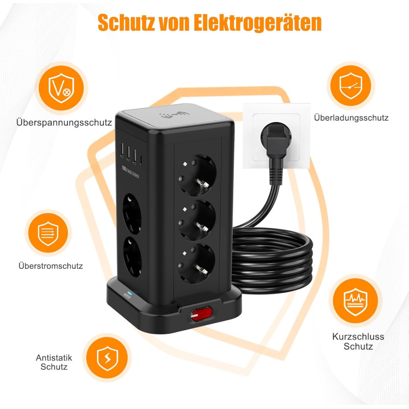 Мережевий подовжувач-башта Tanxis Power Cube з бездротовою зарядкою 15W (11 в 1, 2м). Чорний