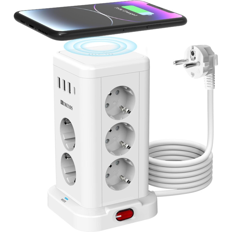 Мережевий подовжувач-башта Tanxis Power Cube з бездротовою зарядкою 15W (11 в 1, 2м). Білий