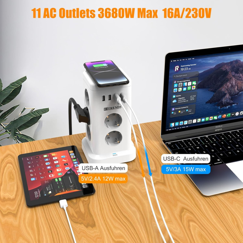 Мережевий подовжувач-башта Tanxis Power Cube з бездротовою зарядкою 15W (11 в 1, 2м). Білий