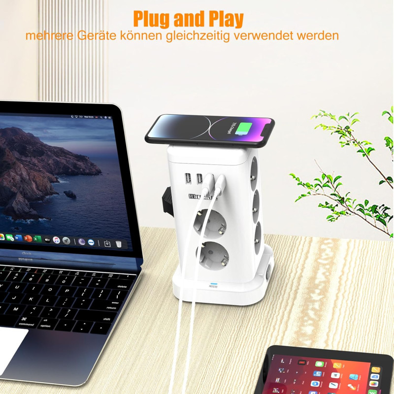 Мережевий подовжувач-башта Tanxis Power Cube з бездротовою зарядкою 15W (11 в 1, 2м). Білий