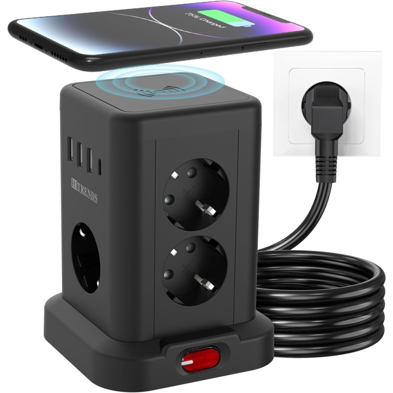Мережевий подовжувач-башта Tanxis Power Cube 7 in 1 з бездротовою зарядкою (3680W, 16A, 2m) Чорний