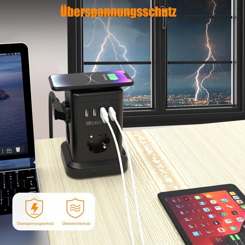 Мережевий подовжувач-башта Tanxis Power Cube 7 in 1 з бездротовою зарядкою (3680W, 16A, 2m) Чорний