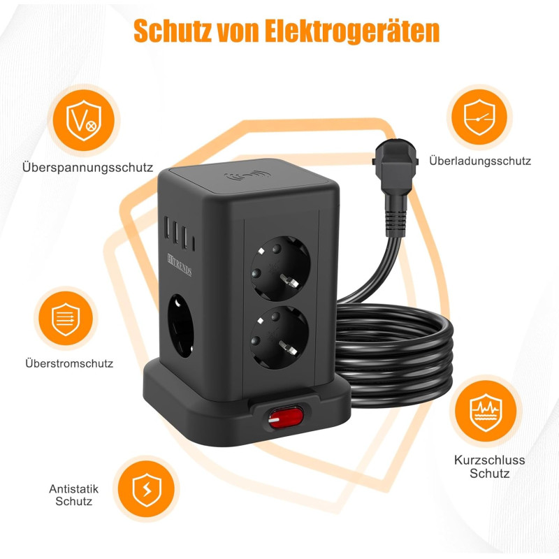Мережевий подовжувач-башта Tanxis Power Cube 7 in 1 з бездротовою зарядкою (3680W, 16A, 2m) Чорний