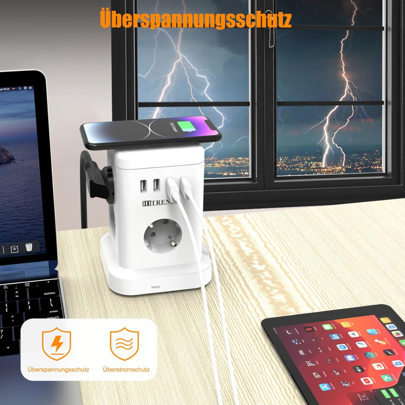 Мережевий подовжувач-башта Tanxis Power Cube 7 in 1 з бездротовою зарядкою (3680W, 16A, 2m) Білий