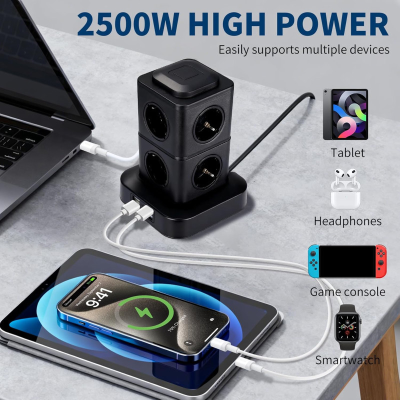 Мережевий подовжувач-башта Viyspnv 12 в 1 (2500W, 3 м, 8 розеток, 4хUSB) (Чорний)