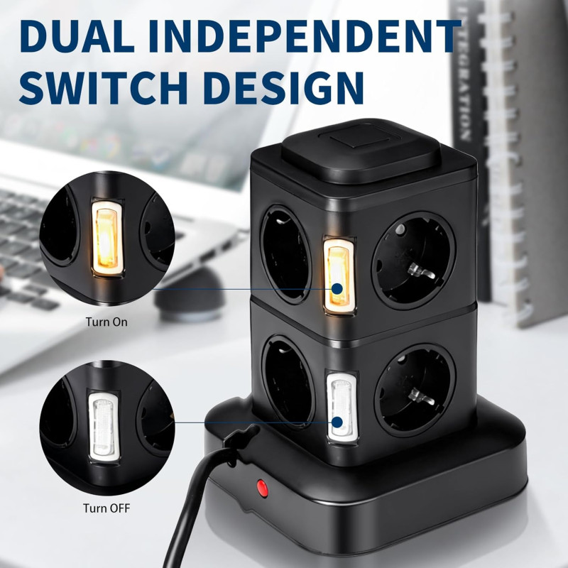 Мережевий подовжувач-башта Viyspnv 12 в 1 (2500W, 3 м, 8 розеток, 4хUSB) (Чорний)