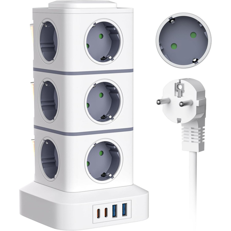 Мережевий подовжувач-башта Viyspnv 16 в 1 (3 м, 10A, 2xUSB-A, 2xUSB-C, Захист від перенапруги)  (Білий)