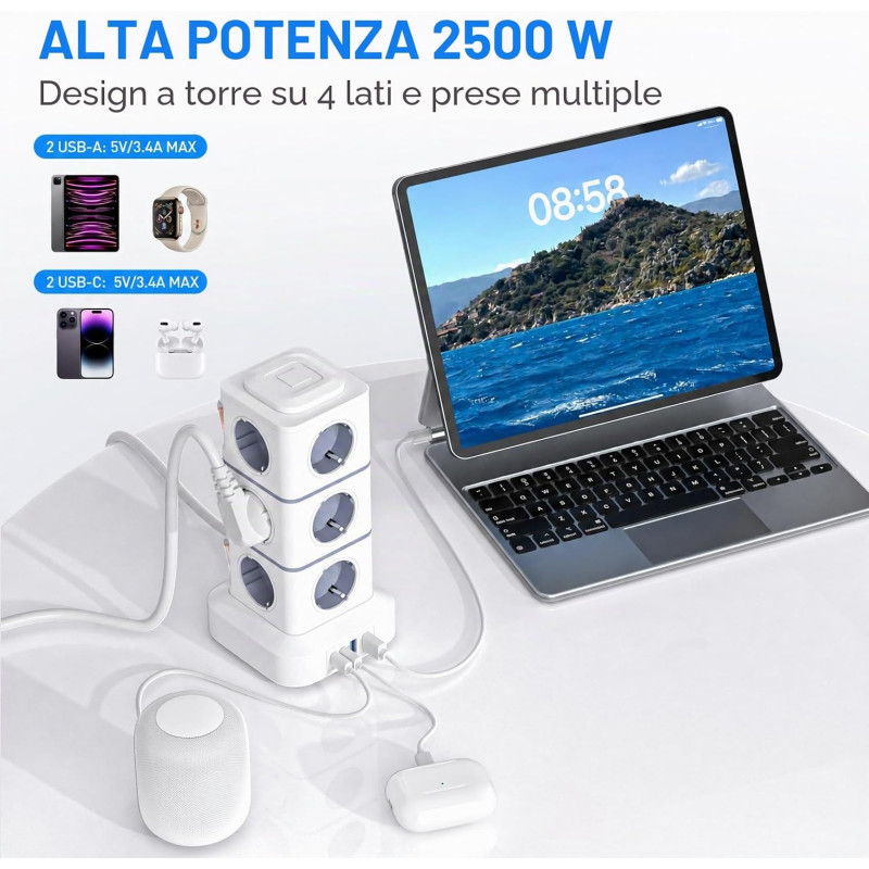Мережевий подовжувач-башта Viyspnv 16 в 1 (3 м, 10A, 2xUSB-A, 2xUSB-C, Захист від перенапруги)  (Білий)
