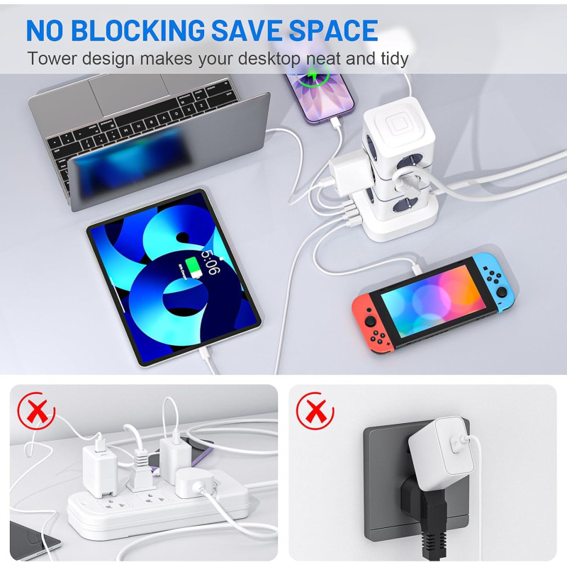 Мережевий подовжувач-башта Viyspnv 16 в 1 (3 м, 10A, 2xUSB-A, 2xUSB-C, Захист від перенапруги)  (Білий)