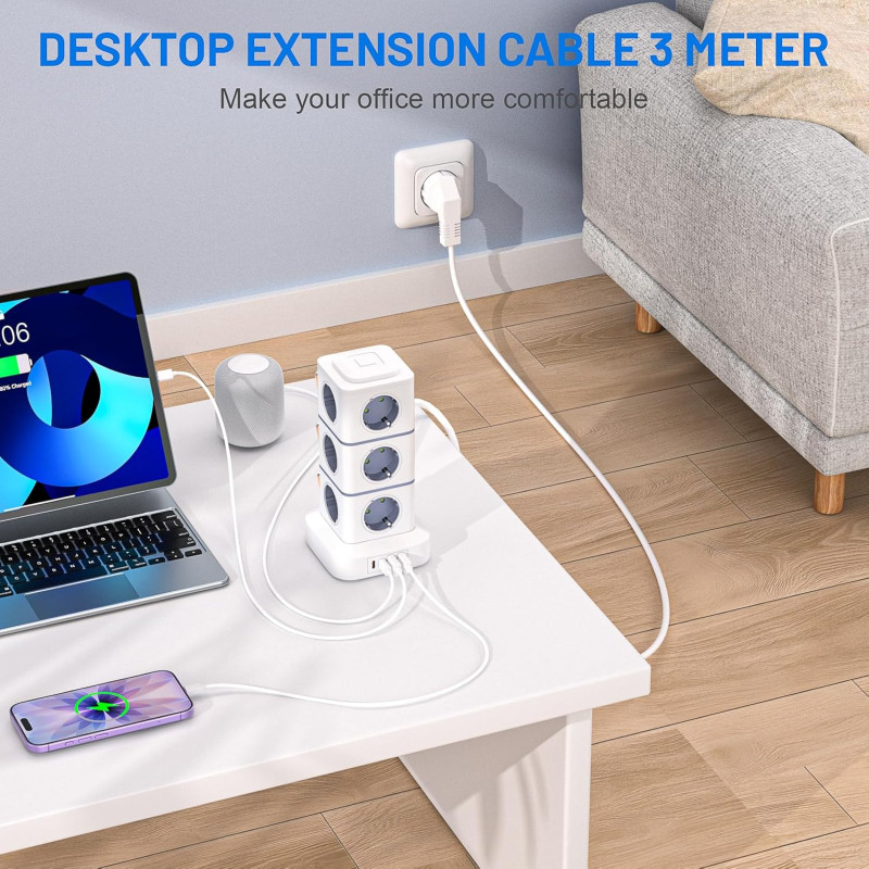 Мережевий подовжувач-башта Viyspnv 16 в 1 (3 м, 10A, 2xUSB-A, 2xUSB-C, Захист від перенапруги)  (Білий)