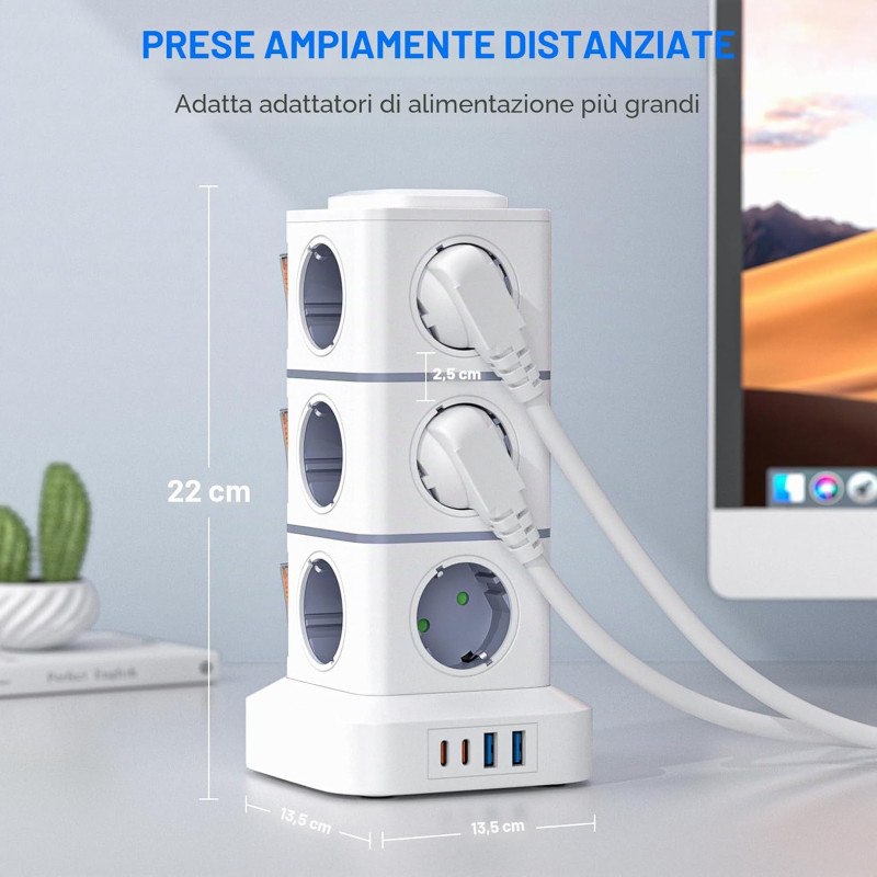 Мережевий подовжувач-башта Viyspnv 16 в 1 (3 м, 10A, 2xUSB-A, 2xUSB-C, Захист від перенапруги)  (Білий)