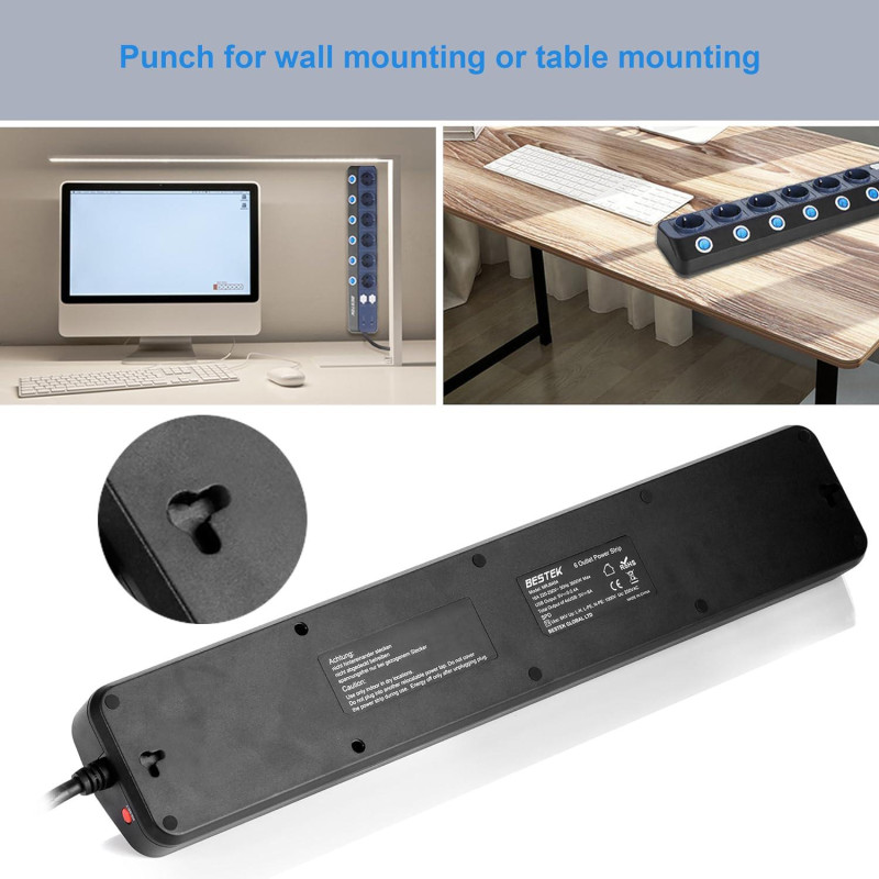 Мережевий Фільтр Bestek: 6 Розеток + 4x USB. Потужність 3600 Вт/16 А. Настінний монтаж, Кабель 3 м. (Чорний)