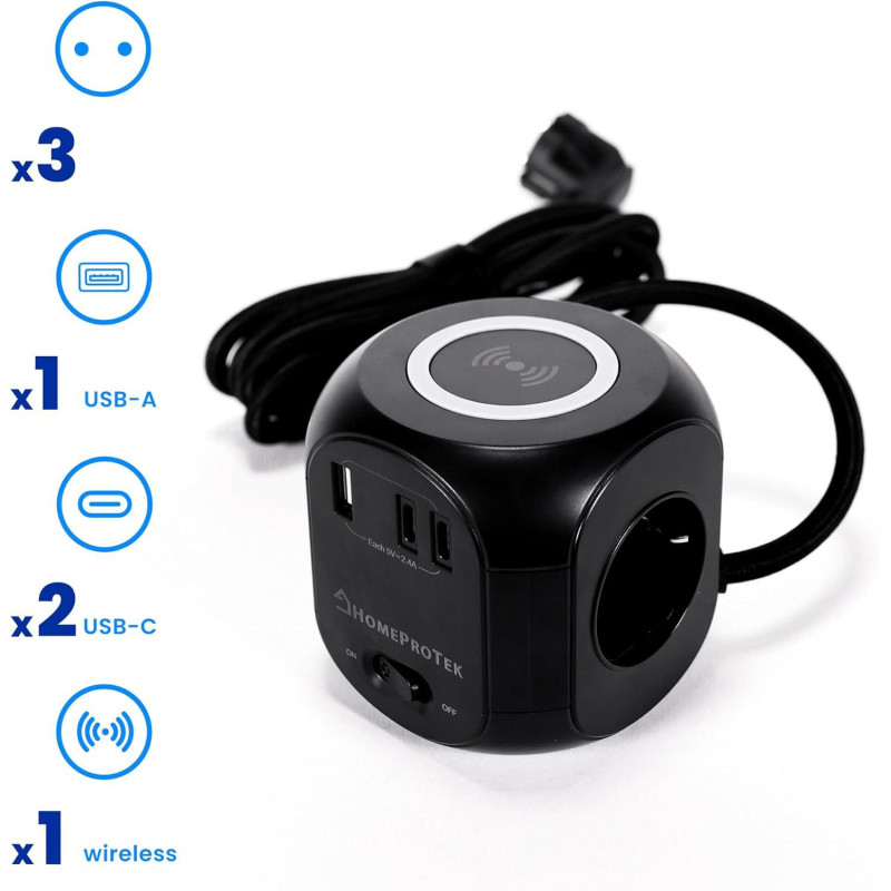 Мережевий Куб HOMEPROTEK Cube: 3 Розетки + 3x USB (C+A) + QI Зарядка. Захист від перевантажень. Кабель 2 м. (Чорний)