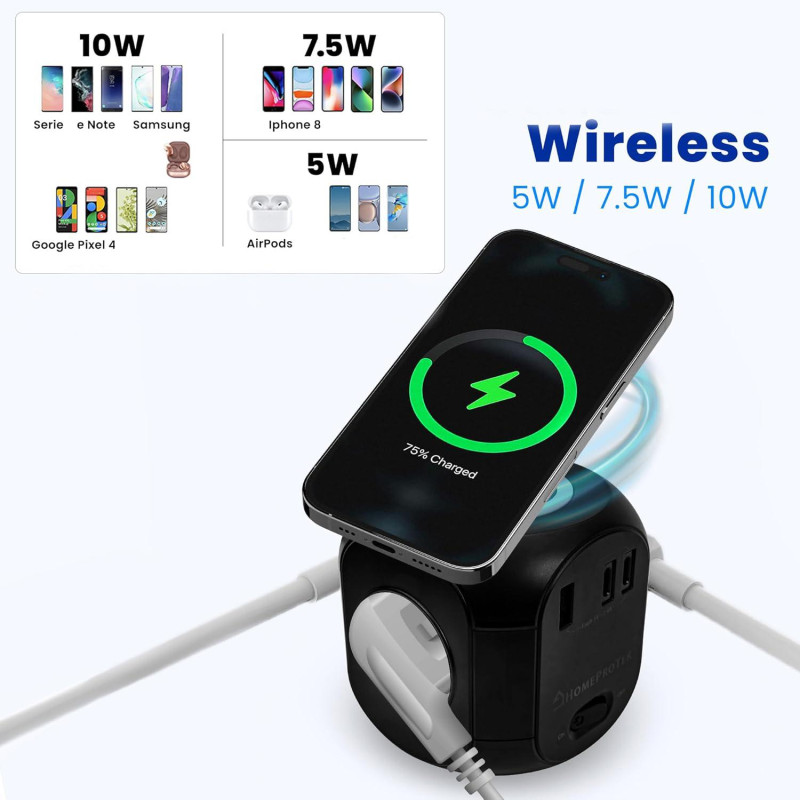 Мережевий Куб HOMEPROTEK Cube: 3 Розетки + 3x USB (C+A) + QI Зарядка. Захист від перевантажень. Кабель 2 м. (Чорний)