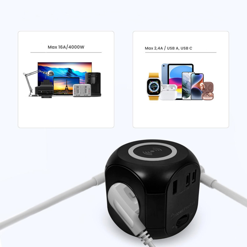Мережевий Куб HOMEPROTEK Cube: 3 Розетки + 3x USB (C+A) + QI Зарядка. Захист від перевантажень. Кабель 2 м. (Чорний)