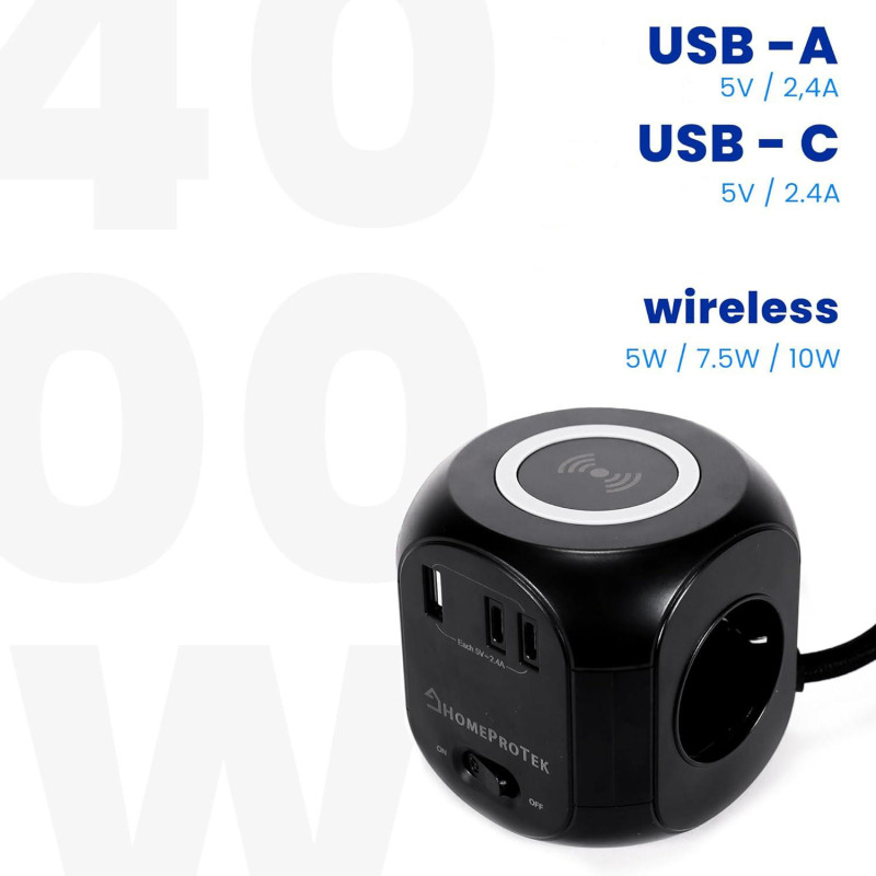 Мережевий Куб HOMEPROTEK Cube: 3 Розетки + 3x USB (C+A) + QI Зарядка. Захист від перевантажень. Кабель 2 м. (Чорний)