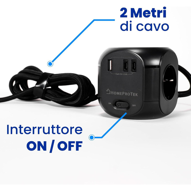 Мережевий Куб HOMEPROTEK Cube: 3 Розетки + 3x USB (C+A) + QI Зарядка. Захист від перевантажень. Кабель 2 м. (Чорний)