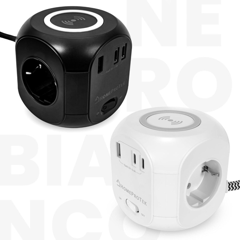 Мережевий Куб HOMEPROTEK Cube: 3 Розетки + 3x USB (C+A) + QI Зарядка. Захист від перевантажень. Кабель 2 м. (Чорний)