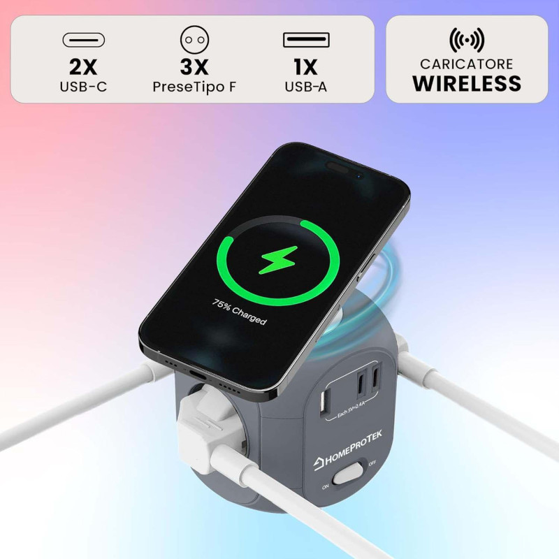 Мережевий Куб HOMEPROTEK Cube: 3 Розетки + 3x USB (C+A) + QI Зарядка. Захист від перевантажень. Кабель 2 м. (Сірий)