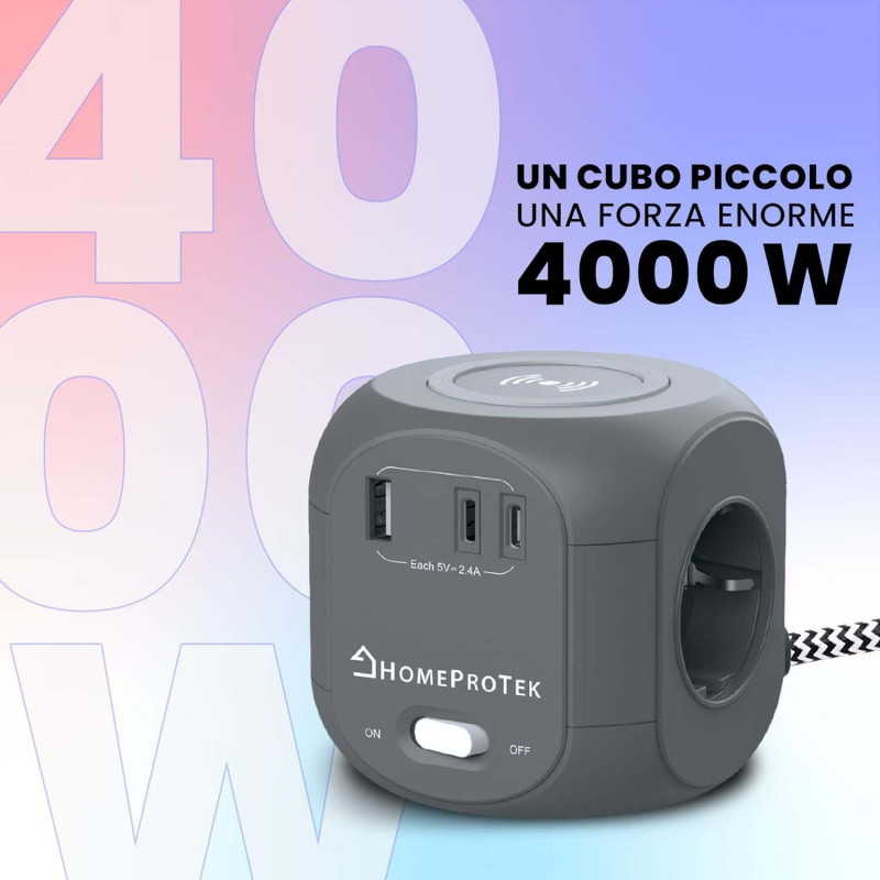 Мережевий Куб HOMEPROTEK Cube: 3 Розетки + 3x USB (C+A) + QI Зарядка. Захист від перевантажень. Кабель 2 м. (Сірий)