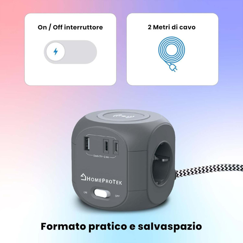 Мережевий Куб HOMEPROTEK Cube: 3 Розетки + 3x USB (C+A) + QI Зарядка. Захист від перевантажень. Кабель 2 м. (Сірий)