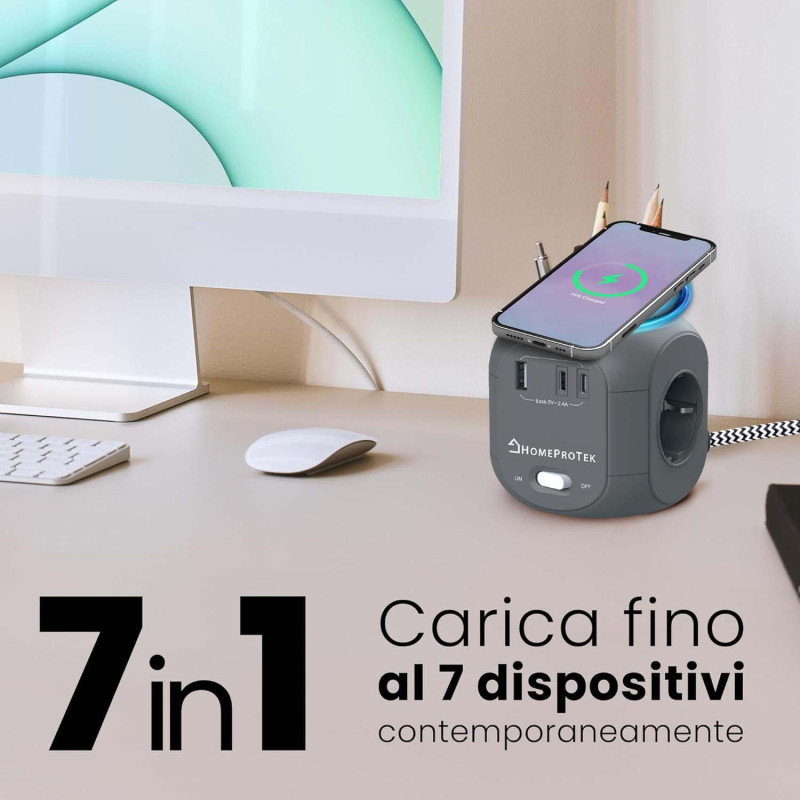 Мережевий Куб HOMEPROTEK Cube: 3 Розетки + 3x USB (C+A) + QI Зарядка. Захист від перевантажень. Кабель 2 м. (Сірий)
