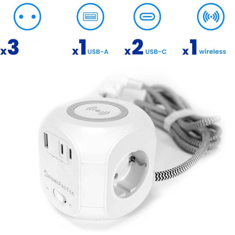 Мережевий Куб HOMEPROTEK Cube: 3 Розетки + 3x USB (C+A) + QI Зарядка. Захист від перевантажень. Кабель 2 м. (Білий)