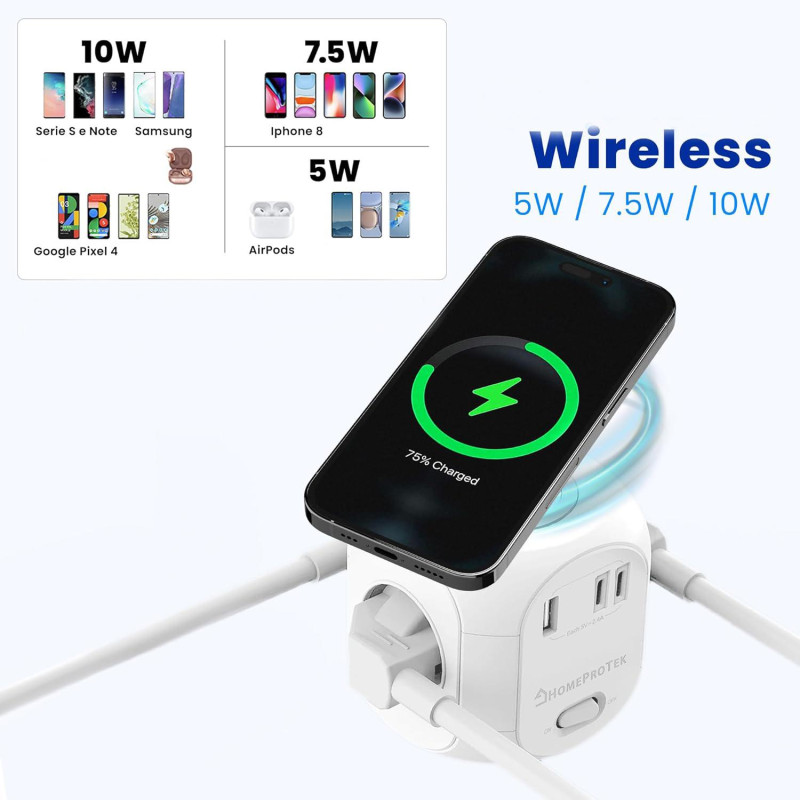 Мережевий Куб HOMEPROTEK Cube: 3 Розетки + 3x USB (C+A) + QI Зарядка. Захист від перевантажень. Кабель 2 м. (Білий)