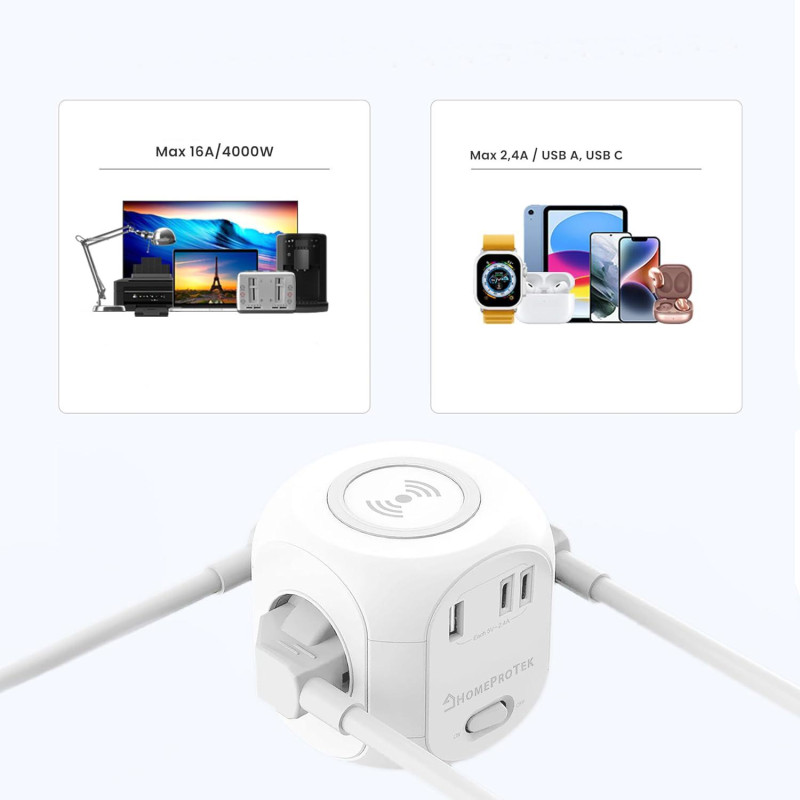 Мережевий Куб HOMEPROTEK Cube: 3 Розетки + 3x USB (C+A) + QI Зарядка. Захист від перевантажень. Кабель 2 м. (Білий)