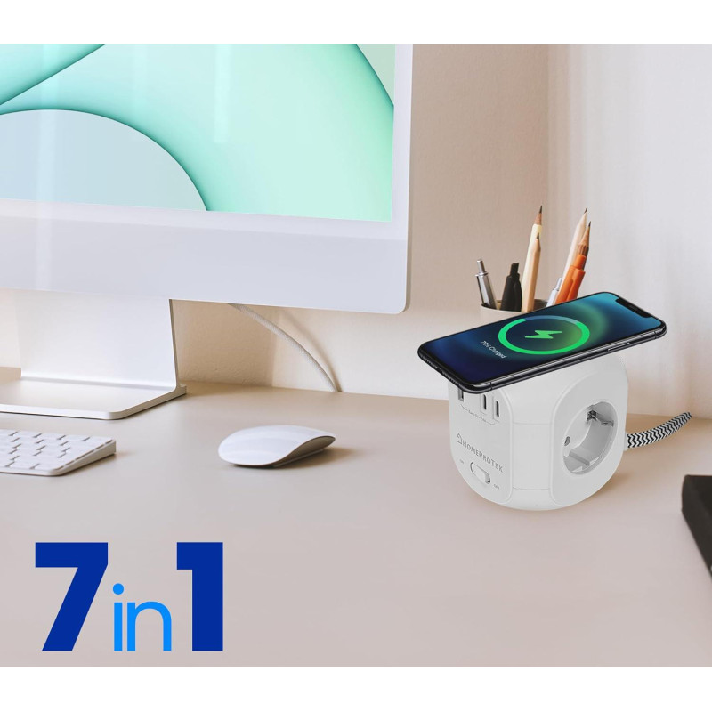 Мережевий Куб HOMEPROTEK Cube: 3 Розетки + 3x USB (C+A) + QI Зарядка. Захист від перевантажень. Кабель 2 м. (Білий)