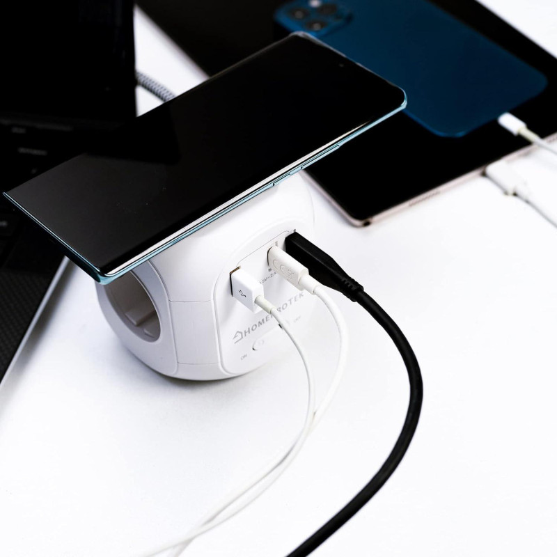 Мережевий Куб HOMEPROTEK Cube: 3 Розетки + 3x USB (C+A) + QI Зарядка. Захист від перевантажень. Кабель 2 м. (Білий)