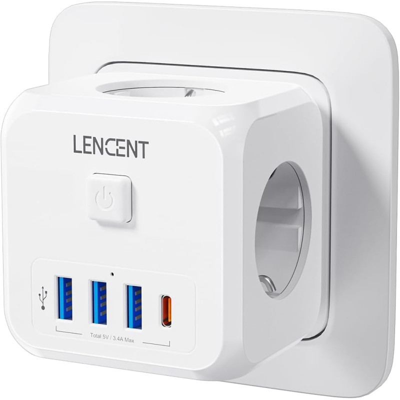 Кубічний Подовжувач Lencent 7 в 1: 4000 Вт, 3 Розетки, 4 Порти USB. (Білий)