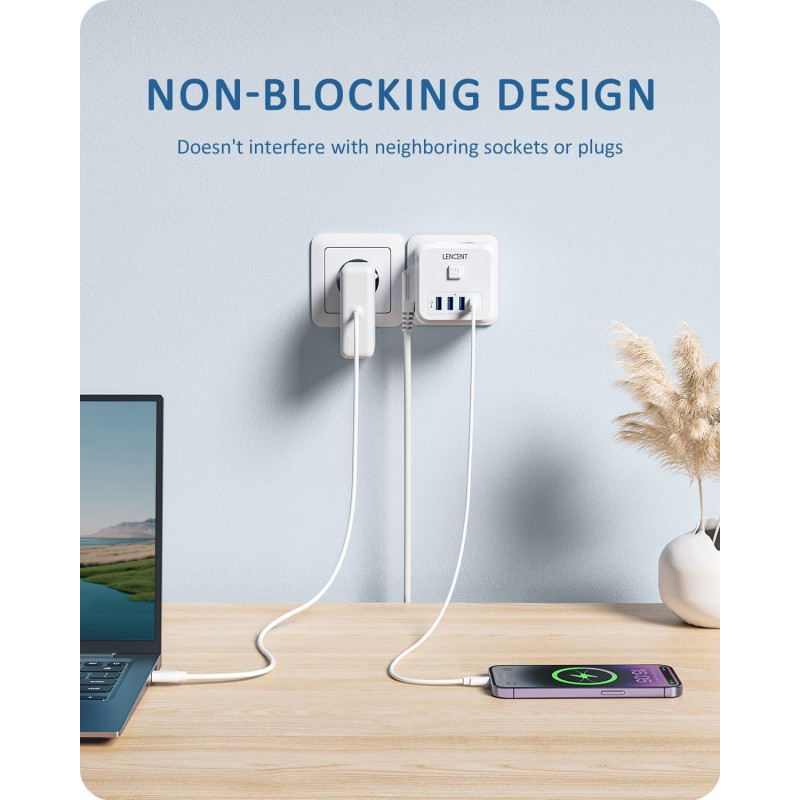 Кубічний Подовжувач Lencent 7 в 1: 4000 Вт, 3 Розетки, 4 Порти USB. (Білий)