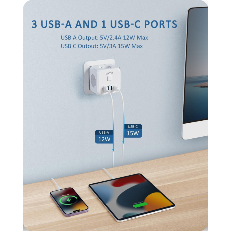 Кубічний Подовжувач Lencent 7 в 1: 4000 Вт, 3 Розетки, 4 Порти USB. (Білий)