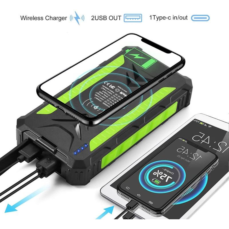 Бездротовий Сонячний Повербанк OIMYE 36000 mAh: USB/Type-C, IP66. (Чорний)