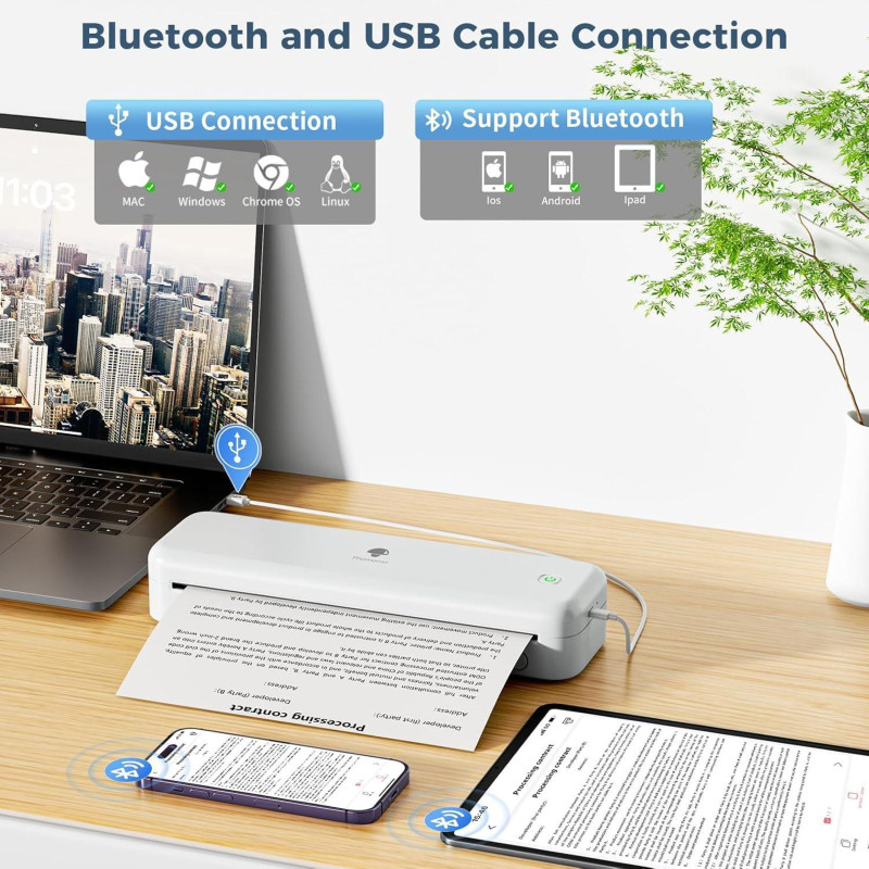 Портативний термопринтер Phomemo M834 A4 без чорнила, Bluetooth, USB, 300 DPI. (Білий)