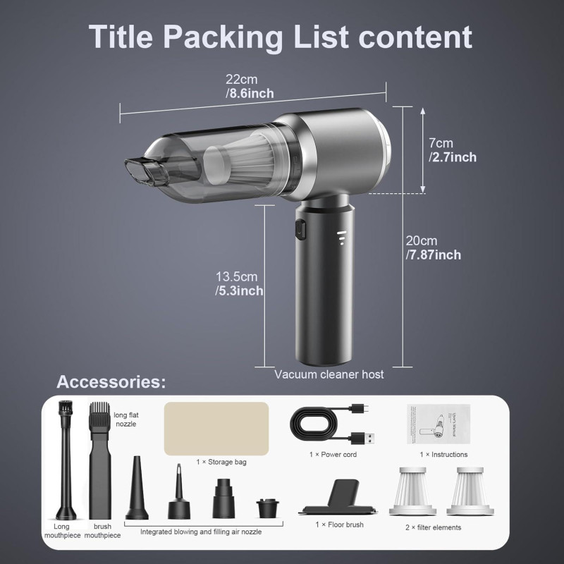 Пилосос-Повітродувка Kedifoai 4-в-1 Бездротовий для ПК: 20000 Па, 3 швидкості, 6000 мАг. (Сірий)