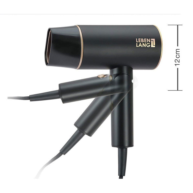 Фен для волосся Lebenlang Ion: Потужний 2100 Вт, складаний, з іонізацією (Чорно-золотистий)