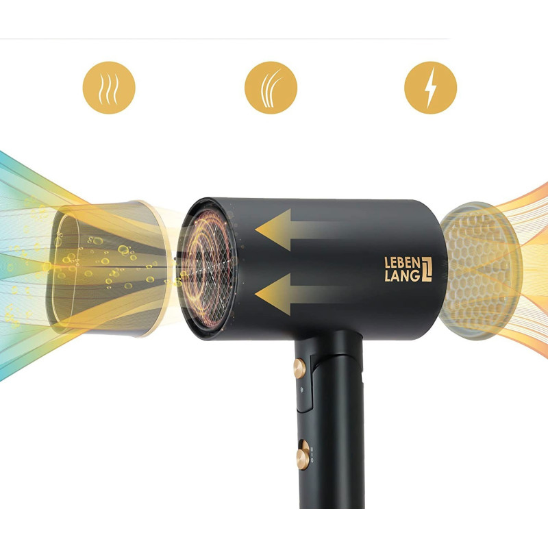 Фен для волосся Lebenlang Ion: Потужний 2100 Вт, складаний, з іонізацією (Чорно-золотистий)