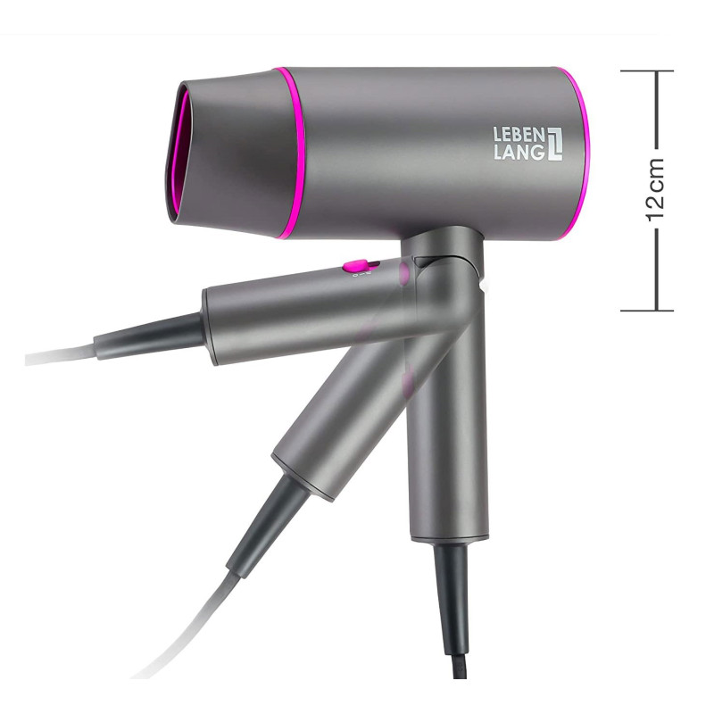 Фен для волосся Lebenlang Ion: Потужний 2100 Вт, складаний, з іонізацією (Сіро-рожевий)
