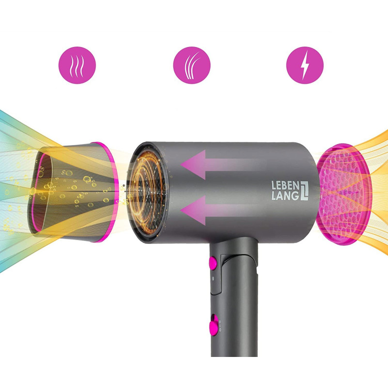 Фен для волосся Lebenlang Ion: Потужний 2100 Вт, складаний, з іонізацією (Сіро-рожевий)