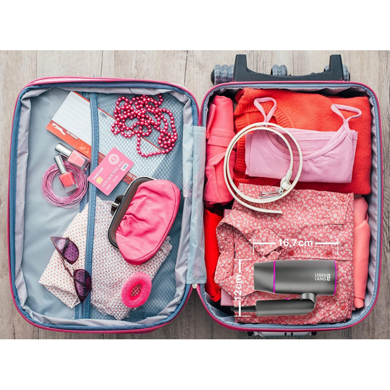 Фен для волосся Lebenlang Ion: Потужний 2100 Вт, складаний, з іонізацією (Сіро-рожевий)